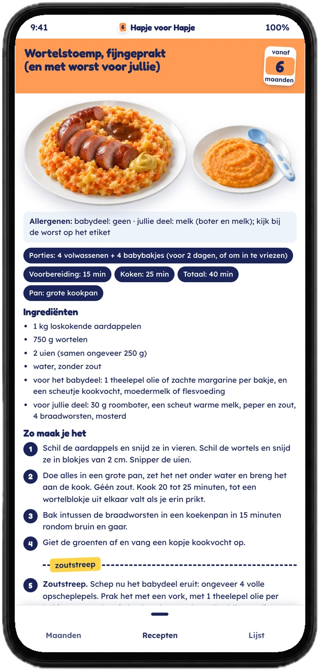 De app op een telefoon met onderaan Maanden, Recepten en Lijst