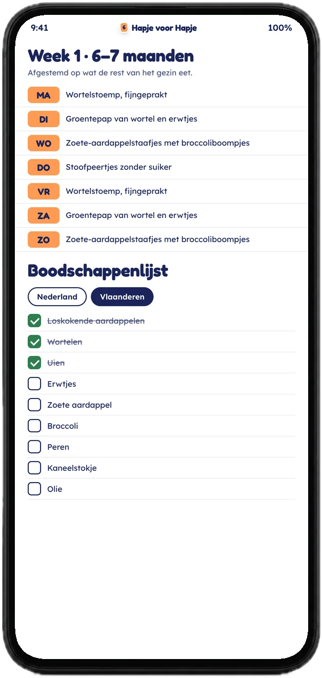Het weekmenu voor je baby op een telefoon, met de Vlaamse boodschappenlijst