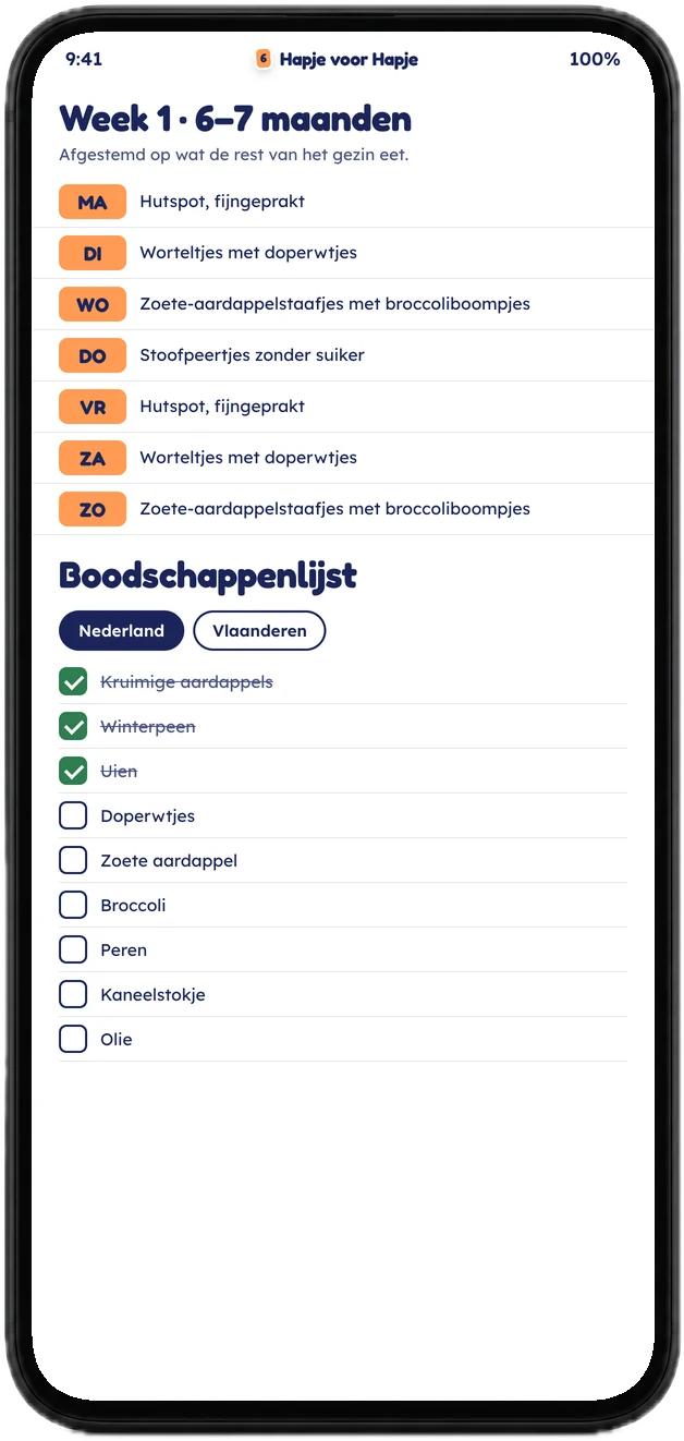Het weekmenu voor je baby op een telefoon, met de boodschappenlijst