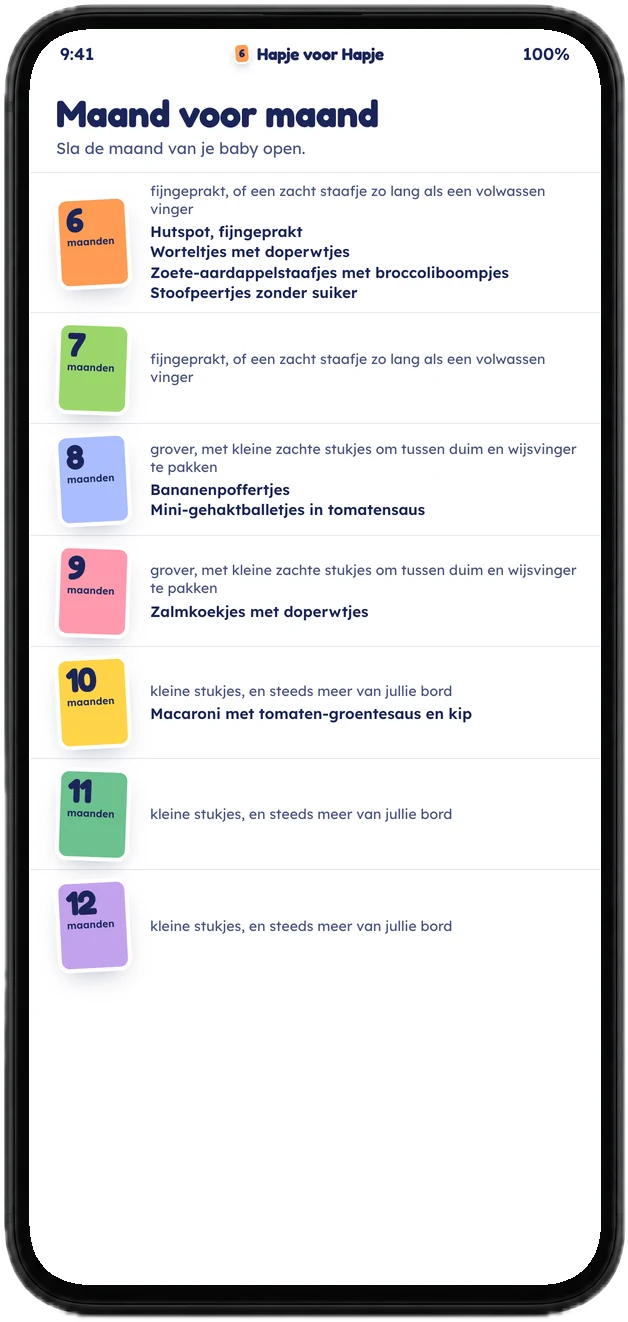 Het hapjesboek op een telefoon: de maanden 6 tot 12, elk met een eigen kaart