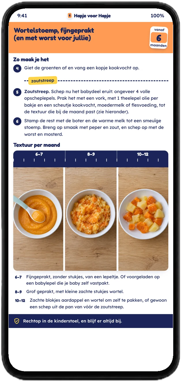 Een recept op een telefoon, met de zoutstreep en de textuur per maand