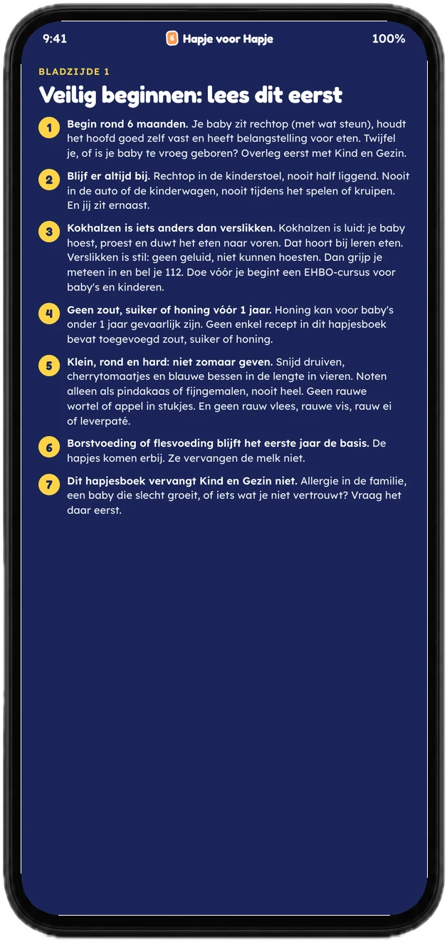 Bladzijde één van het hapjesboek: Veilig beginnen, op een telefoon