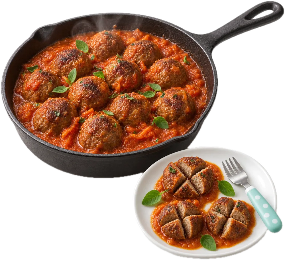 Balletjes in tomatensaus en een babybordje met balletjes in vieren gesneden