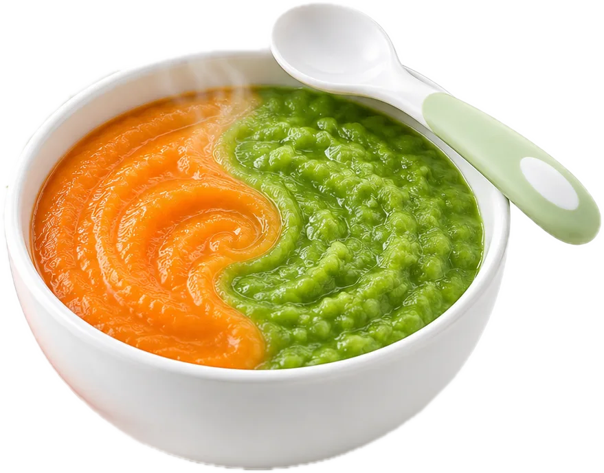 Een bakje met wortelpuree en doperwtenpuree