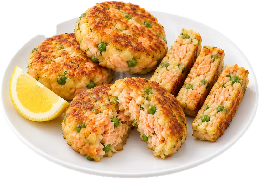 Zalmkoekjes met doperwtjes, één doorgebroken en een paar in reepjes