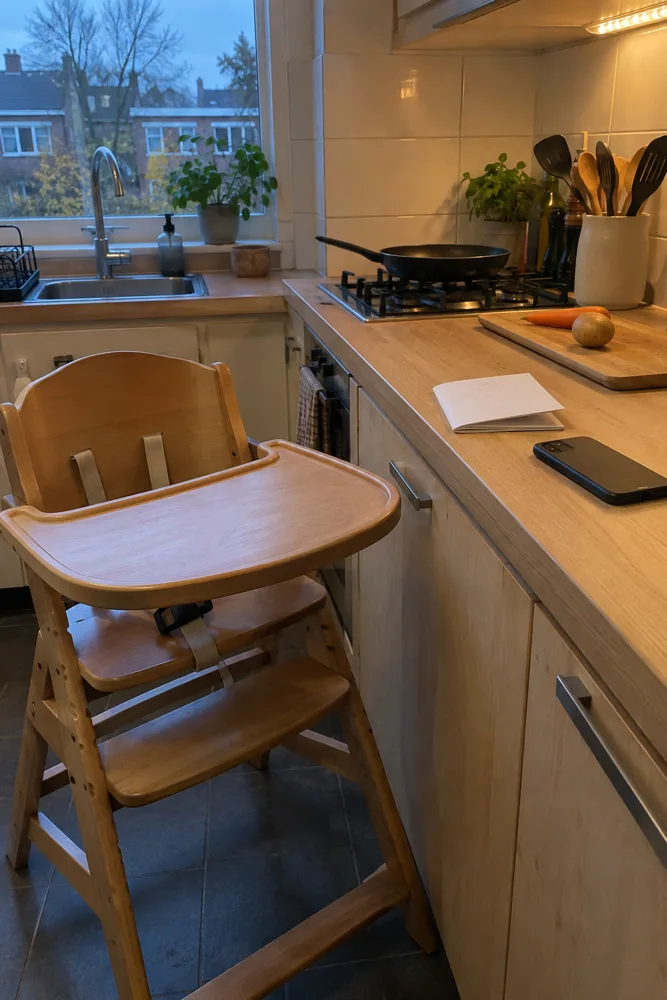 Een lege kinderstoel in de keuken, een folder en een telefoon naast een snijplank met een wortel