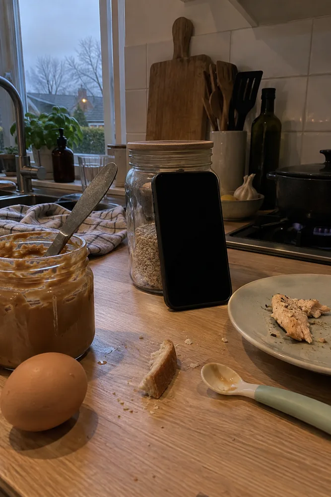 Een telefoon tegen een pot op het aanrecht, met een ei, pindakaas, een korstje brood en een stukje vis